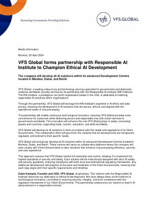 VFS Global 与负责任的人工智能研究所建立合作伙伴关系，倡导合乎道德的人工智能发展 公司将在其位于孟买、迪拜和柏林的先进开发中心内开发所有人工智能解决方案 VFS Global 是全球政府和外交使团的领先外包和技术服务专家，现自豪地宣布与负责任的人工智能研究所 (RAI Institute) 建立合作伙伴关系。RAI 研究所是一家总部位于美国的著名非营利组织，致力于在组织内部培养负责任的人工智能实践。通过此次合作，VFS Global 将利用 RAI 研究所在人工智能伦理和数据隐私方面的专业知识，确保开发的人工智能解决方案安全、合乎道德，并符合签证处理的运营需求。此次合作将实现持续的技术创新，确保 VFS Global 为客户提供更多便利，同时为世界各国政府提供安全负责任的签证和公民服务。这项创新将增强 VFS Global 在安全连接人民和国家、支持全球贸易、旅游、教育和技能方面所发挥的作用。VFS Global 将严格按照其客户政府的需求和法规开发其人工智能解决方案。此次合作将确保所有开发工作透明、规范，并根据客户的具体需求量身定制。VFS Global 将在其位于孟买、迪拜和柏林的先进开发中心内独家开发所有人工智能解决方案。这些中心将作为协作平台，公司将与客户政府密切合作，量身定制解决方案，以提高签证处理效率、安全性和用户体验。这种方法确保 VFS Global 保留完全所有权和控制权，使其能够实施最高的安全标准。每个解决方案都将经过精心设计，采用严格的人工智能安全和安全护栏，确保符合当地和国际监管框架。任何额外的开发都将按照客户政府的步伐和准备情况进行，确保每一步都符合他们的具体要求和时间表。 VFS Global 创始人兼首席执行官 Zubin Karkaria 强调：“我们与负责任人工智能研究所的联盟加强了我们对道德人工智能发展的奉献精神。我们一直走在技术创新的前沿，致力于确保安全性、完整性和严格遵守客户政府的监管框架。此次合作凸显了我们以负责任的方式引领人工智能发展的决心。”